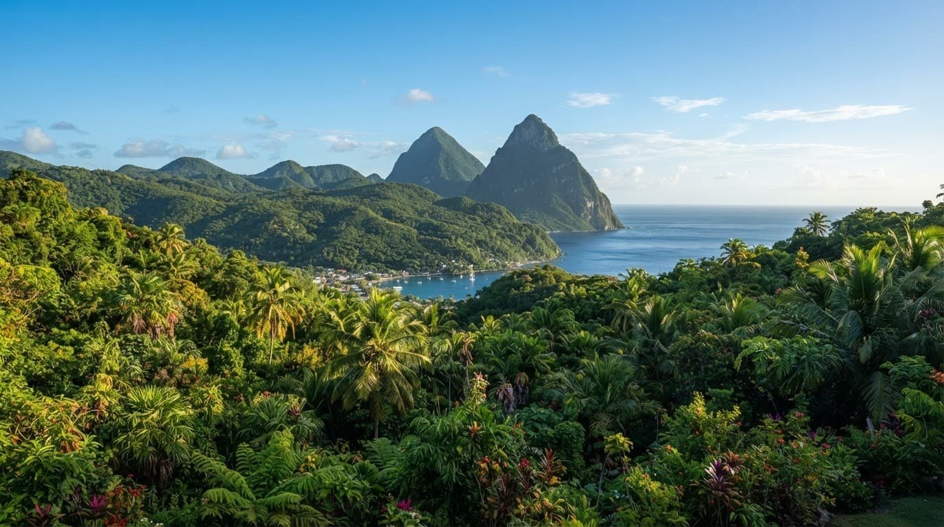 Lush rainforest and palm trees frame St. Lucia's green mountain peaks under a clear morning sky.
