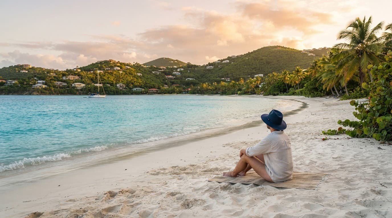 One traveler sits beside a turquoise bay with a sailboat and palm-covered hills in St. Thomas.