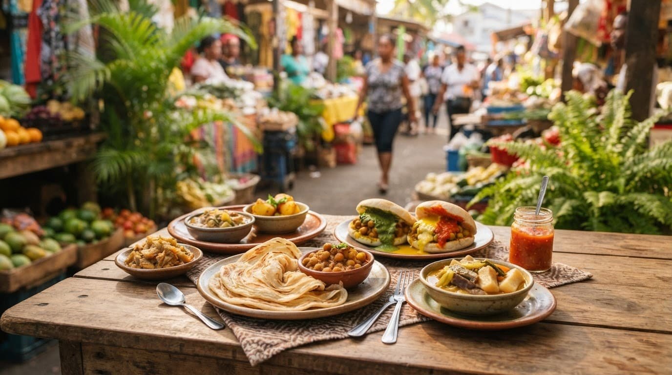 Trinidad street food plates with roti, curry, doubles, pepper sauce, and coconut stew at a market.