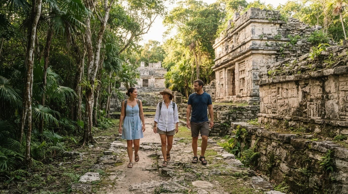 Three travelers walk a jungle path beside ancient archaeological remains.