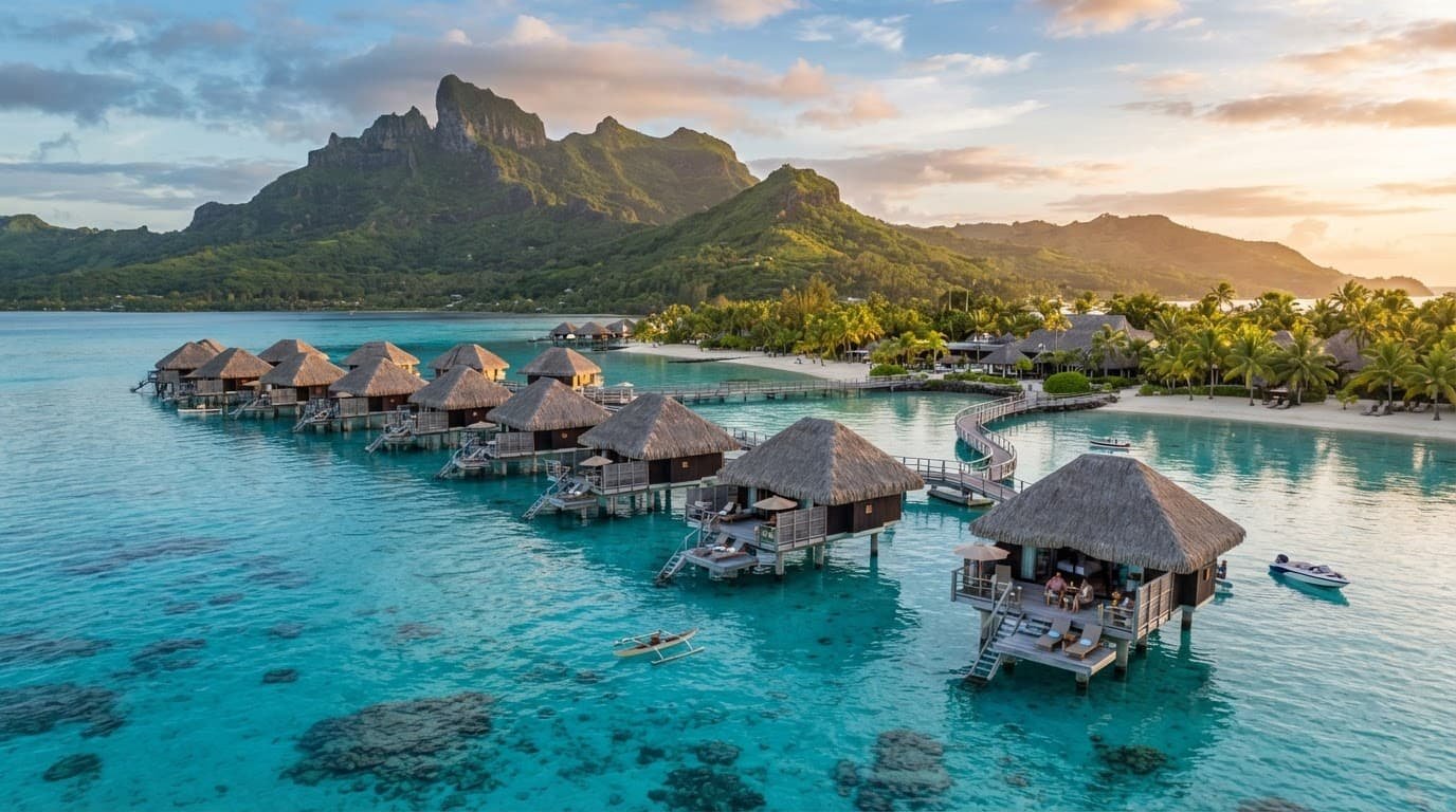 Overwater bungalows sit in a turquoise lagoon beneath lush green mountains.