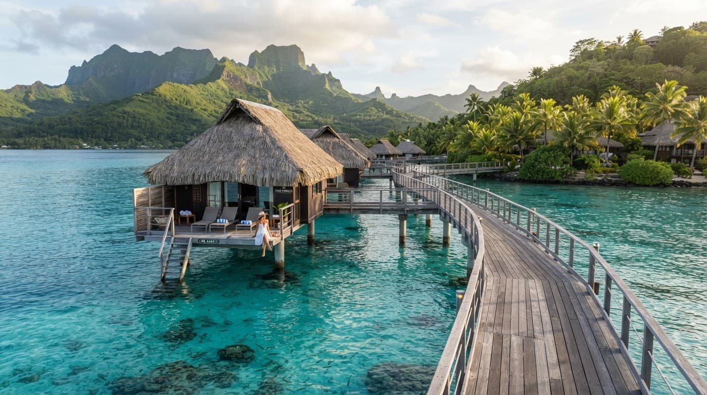 A tropical bungalow sits above clear turquoise water beside a wooden walkway.