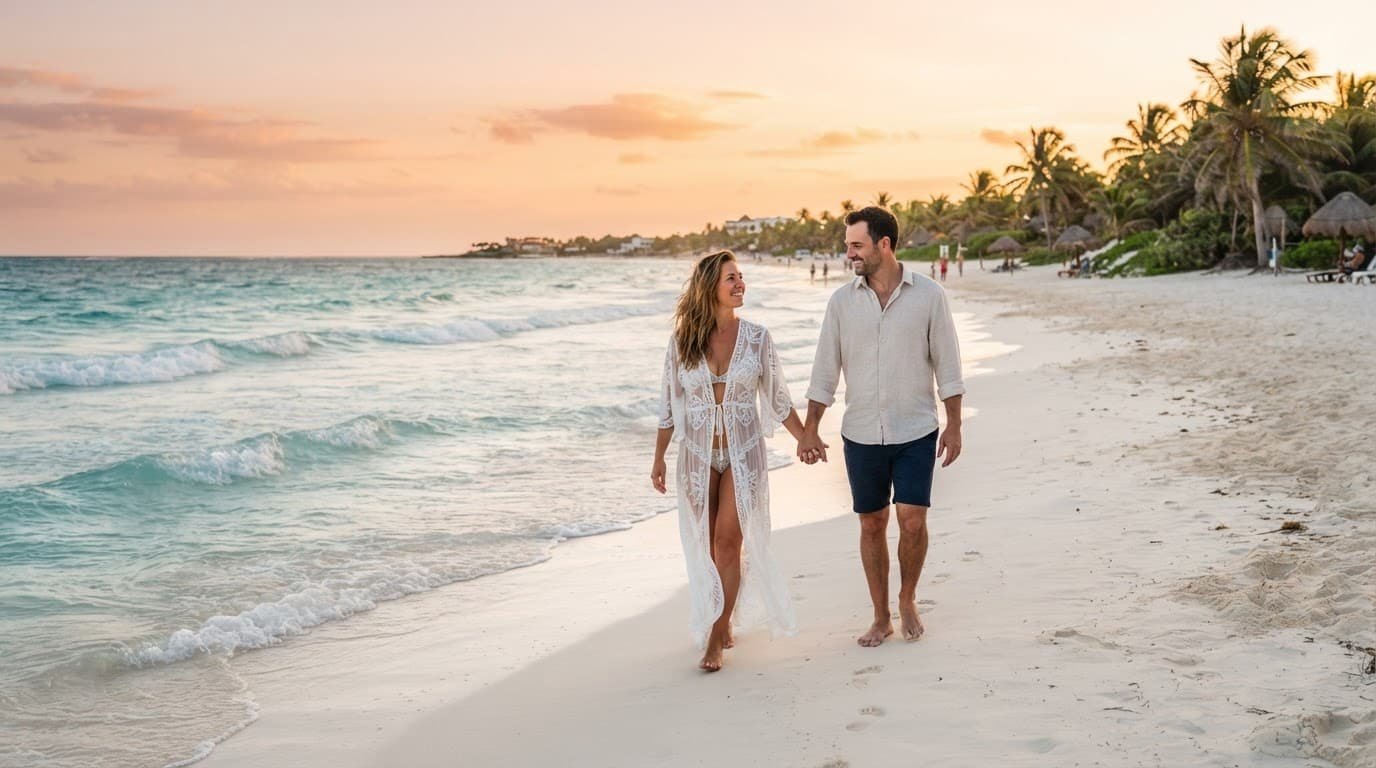 A couple walks on a white beach beside turquoise waves at sunset in Tulum.