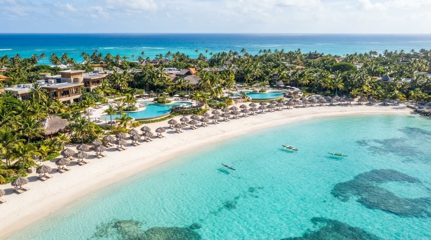 Aerial view of a palm-lined beach with turquoise water, loungers, umbrellas, and resort pools.