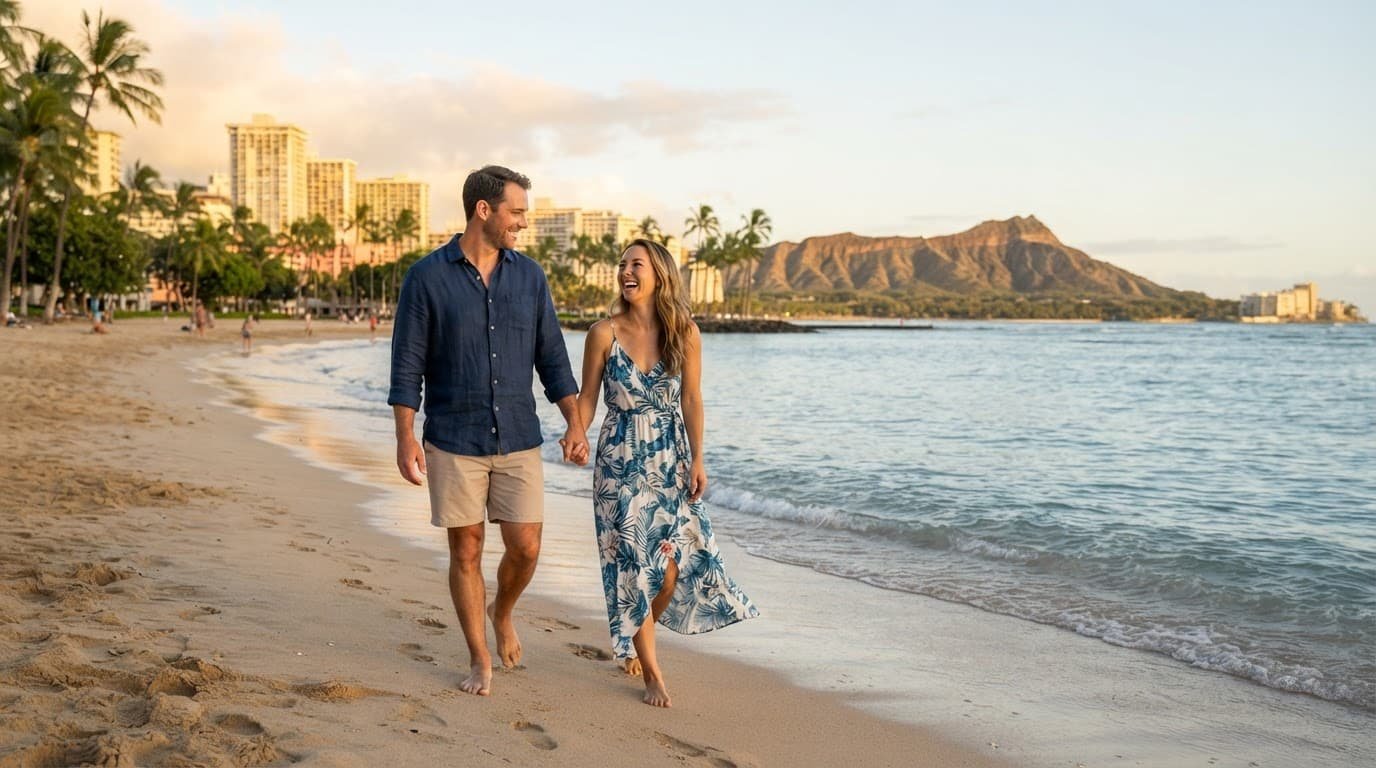 A couple walks along Waikiki Beach with Diamond Head and Honolulu's skyline in the background.