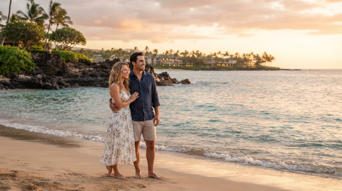 A couple stands together on a quiet Maui beach at sunset.