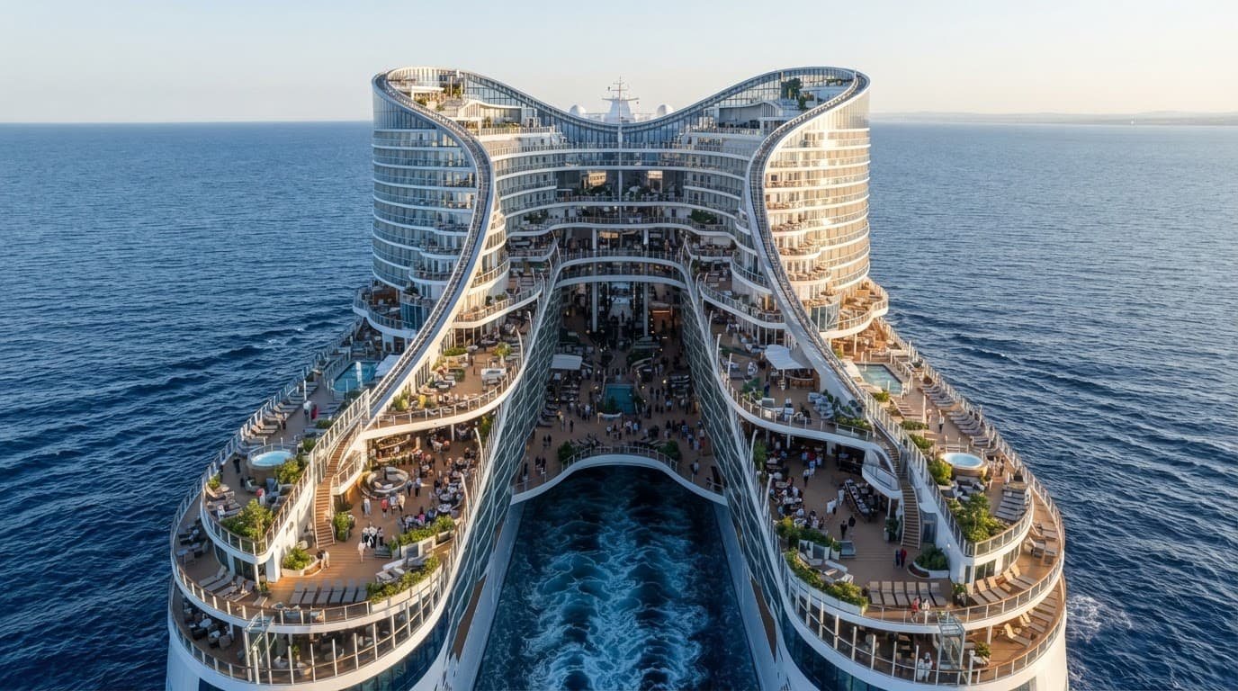Rear view of a cruise ship with a split stern, open terraces, and ocean views.