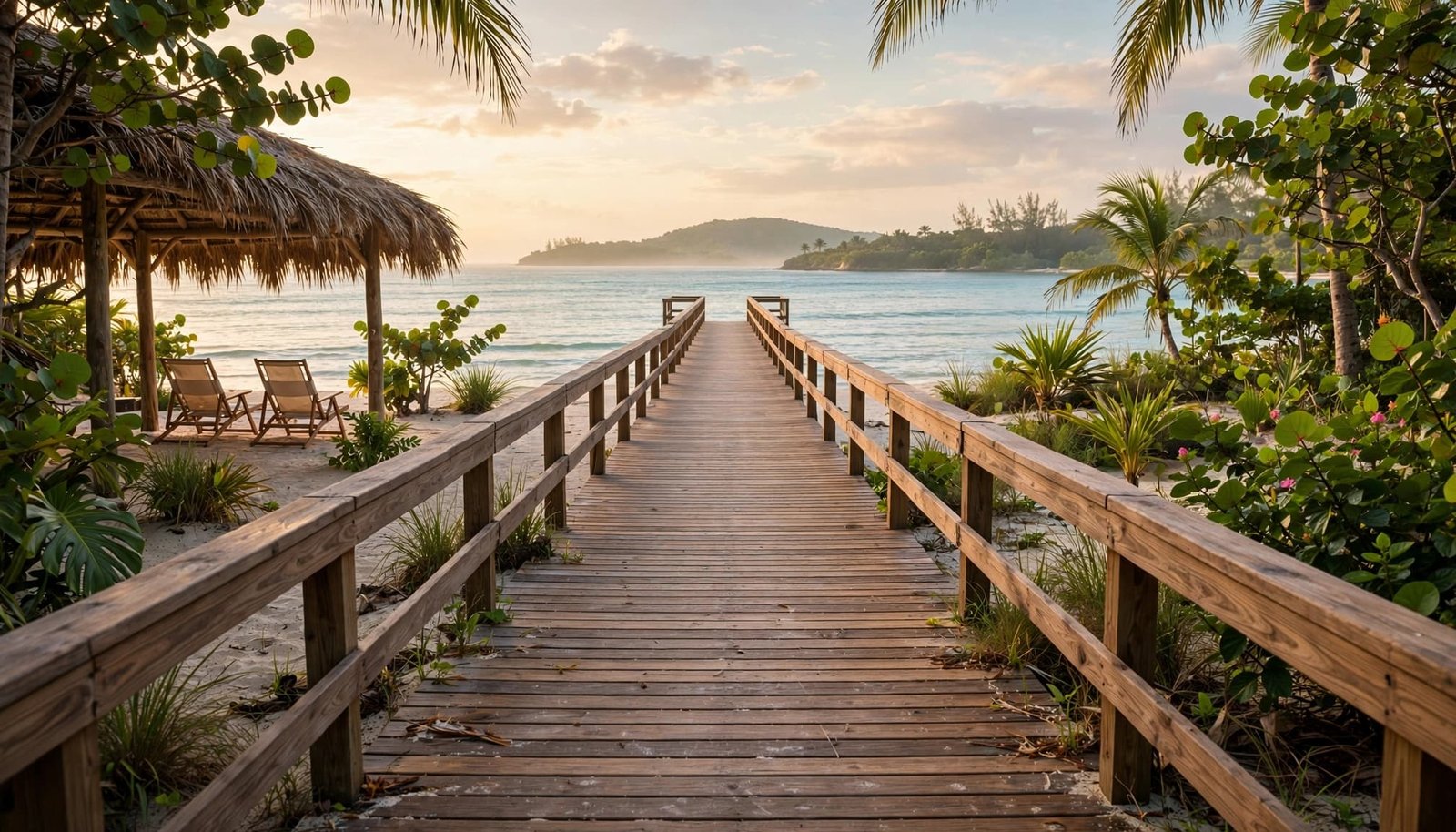 A wooden boardwalk leads to calm turquoise water beside shaded beach chairs.