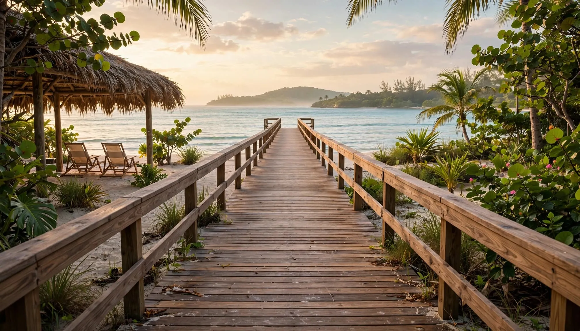 A wooden boardwalk leads to calm turquoise water beside shaded beach chairs.