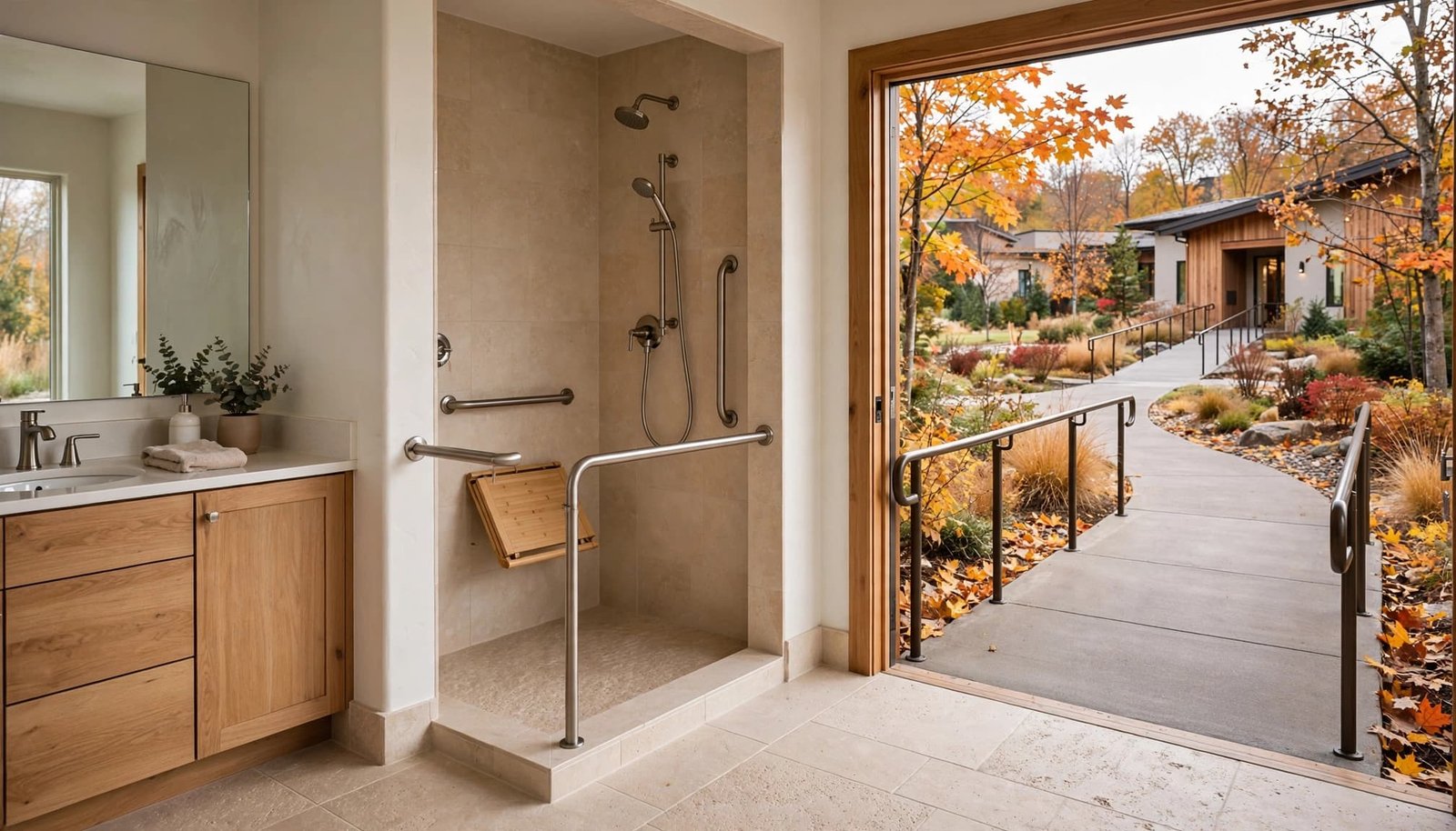 Accessible villa bathroom with roll-in shower and a ramped garden path outside.