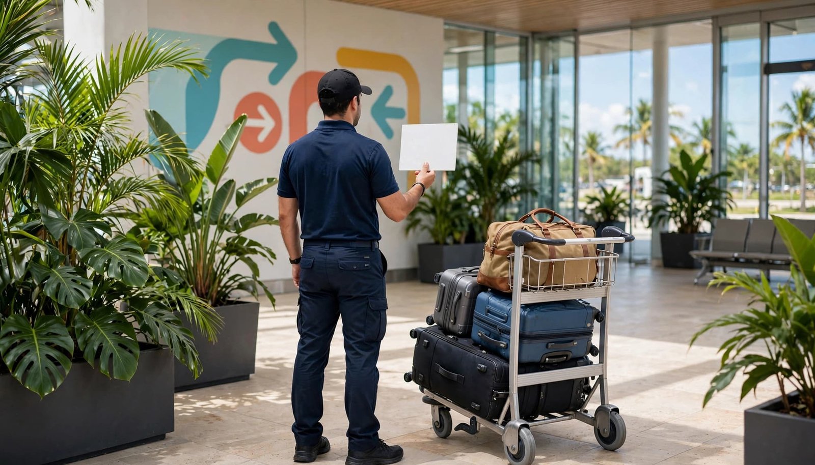 Airport coordinator holding a blank welcome board beside a luggage cart and tropical plants.