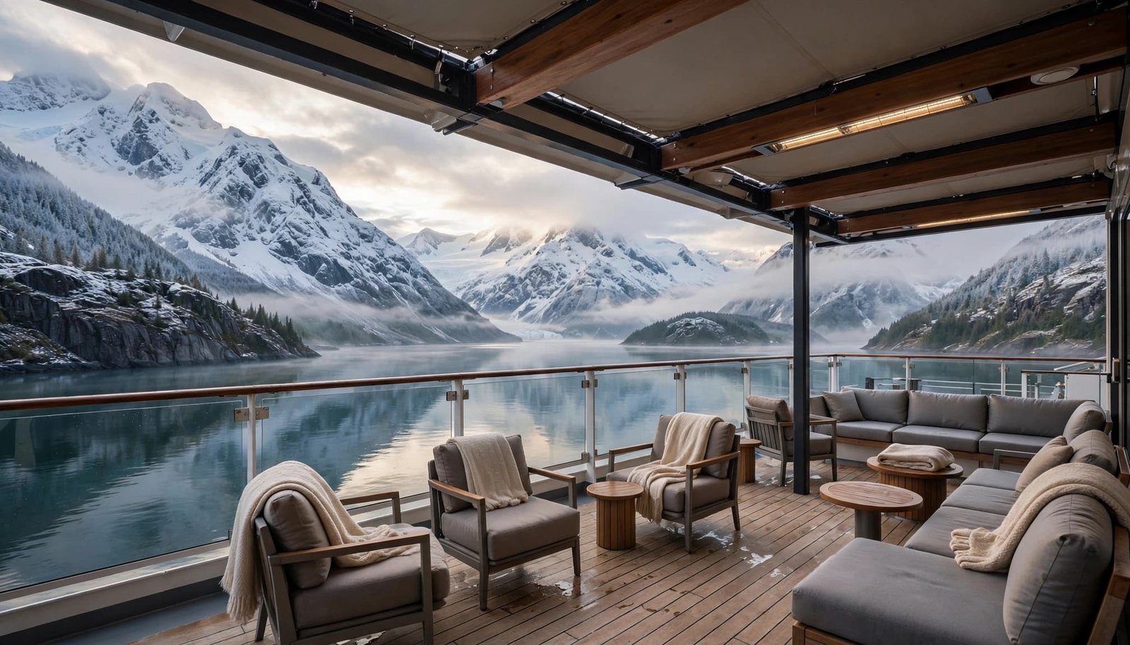 Covered cruise deck seating faces snowy mountains and a calm Alaskan fjord.