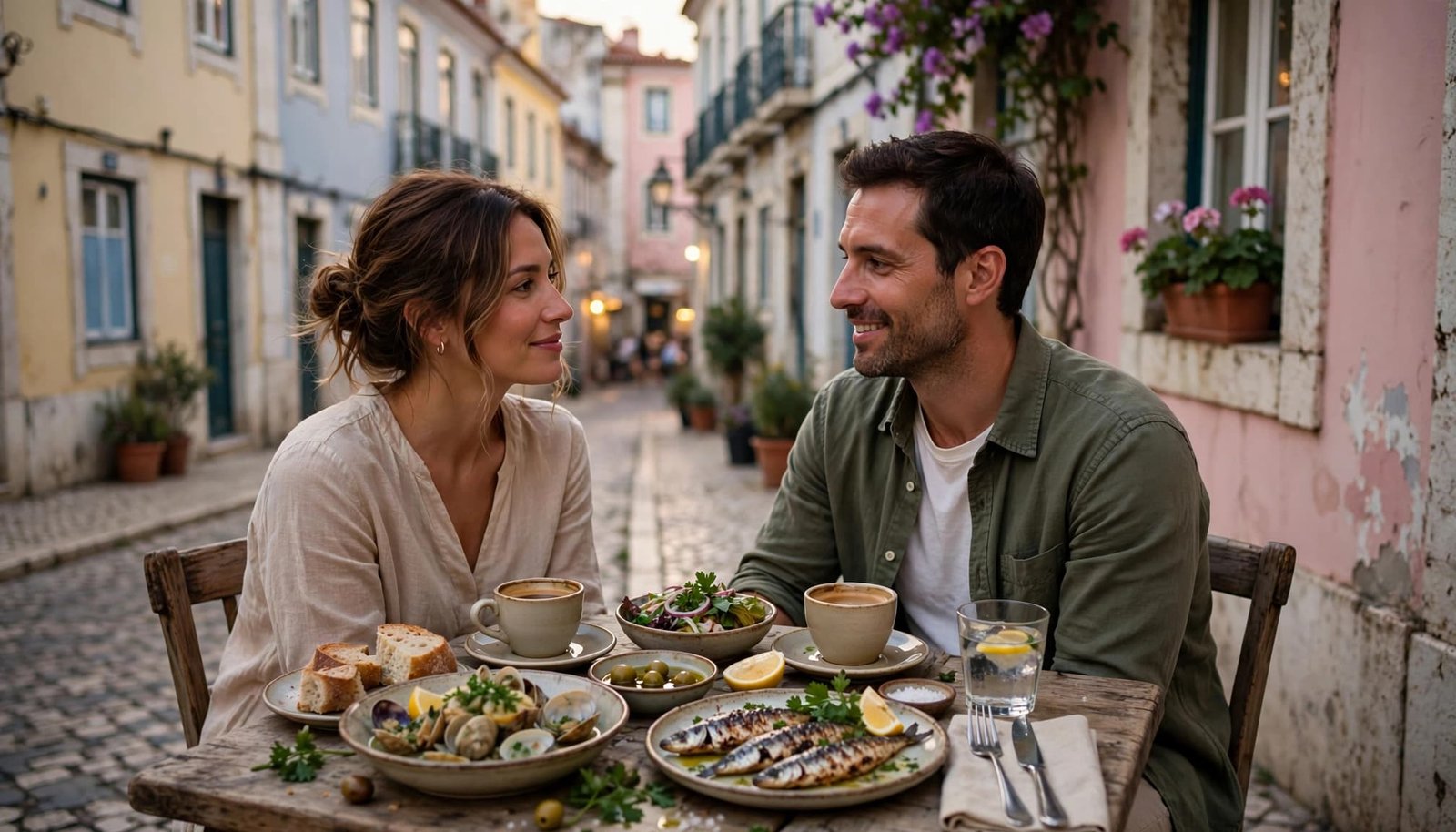 A couple enjoys seafood and coffee at an outdoor table in Lisbon's Alfama district.