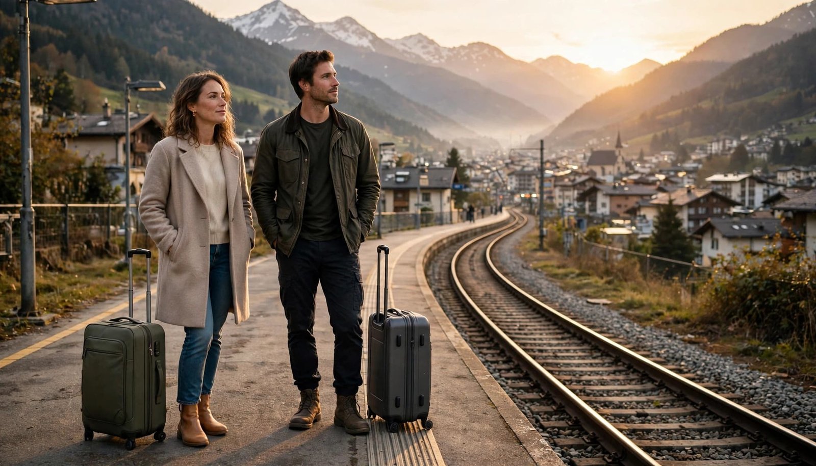 Two travelers with suitcases stand on a train platform facing an alpine town.