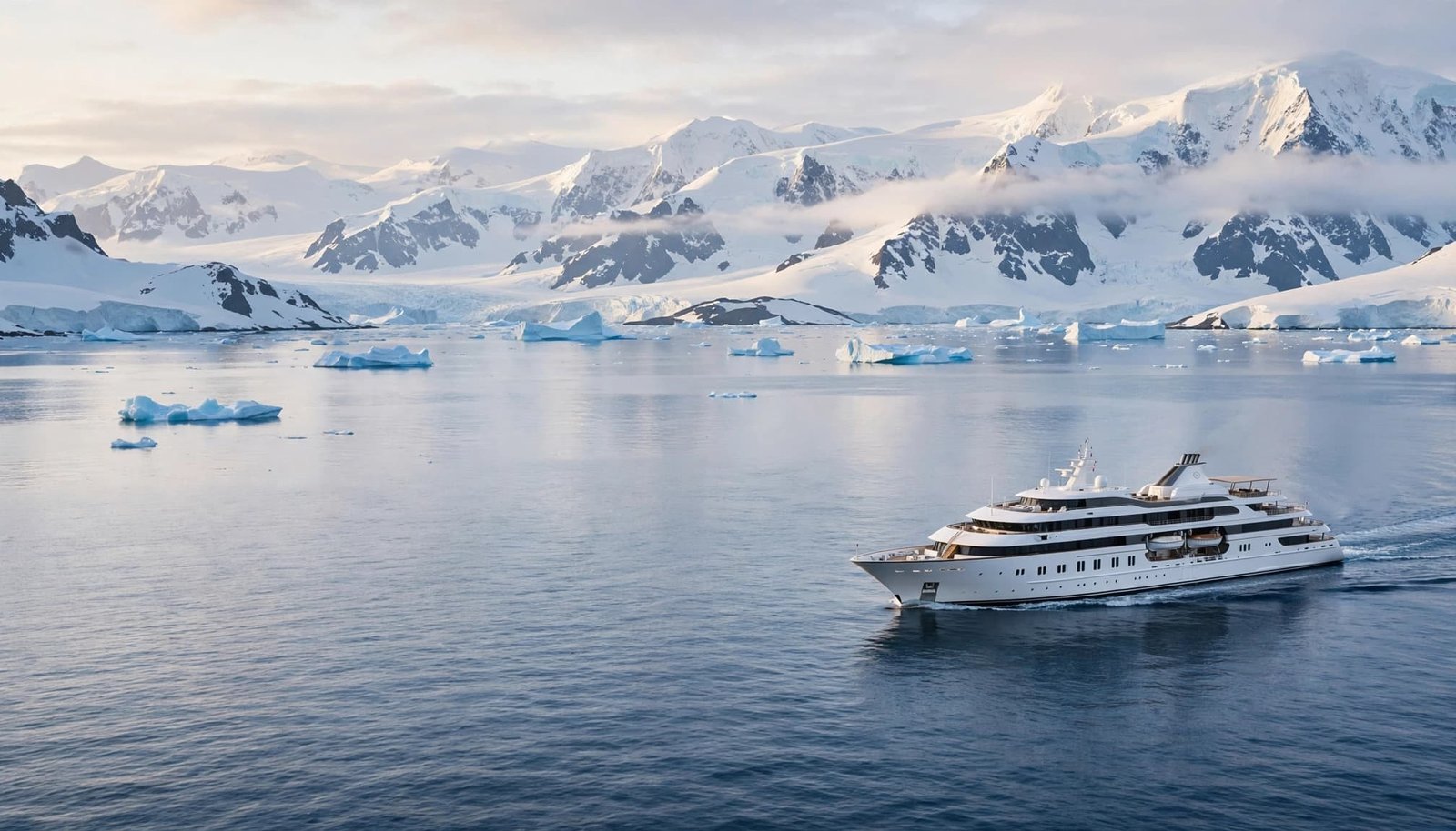 A luxury cruise ship sails past Antarctic icebergs and snowy mountains.