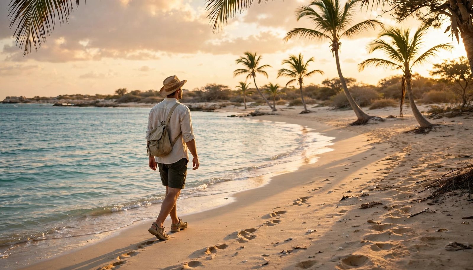 A traveler walks along a quiet Aruba beach at sunset.