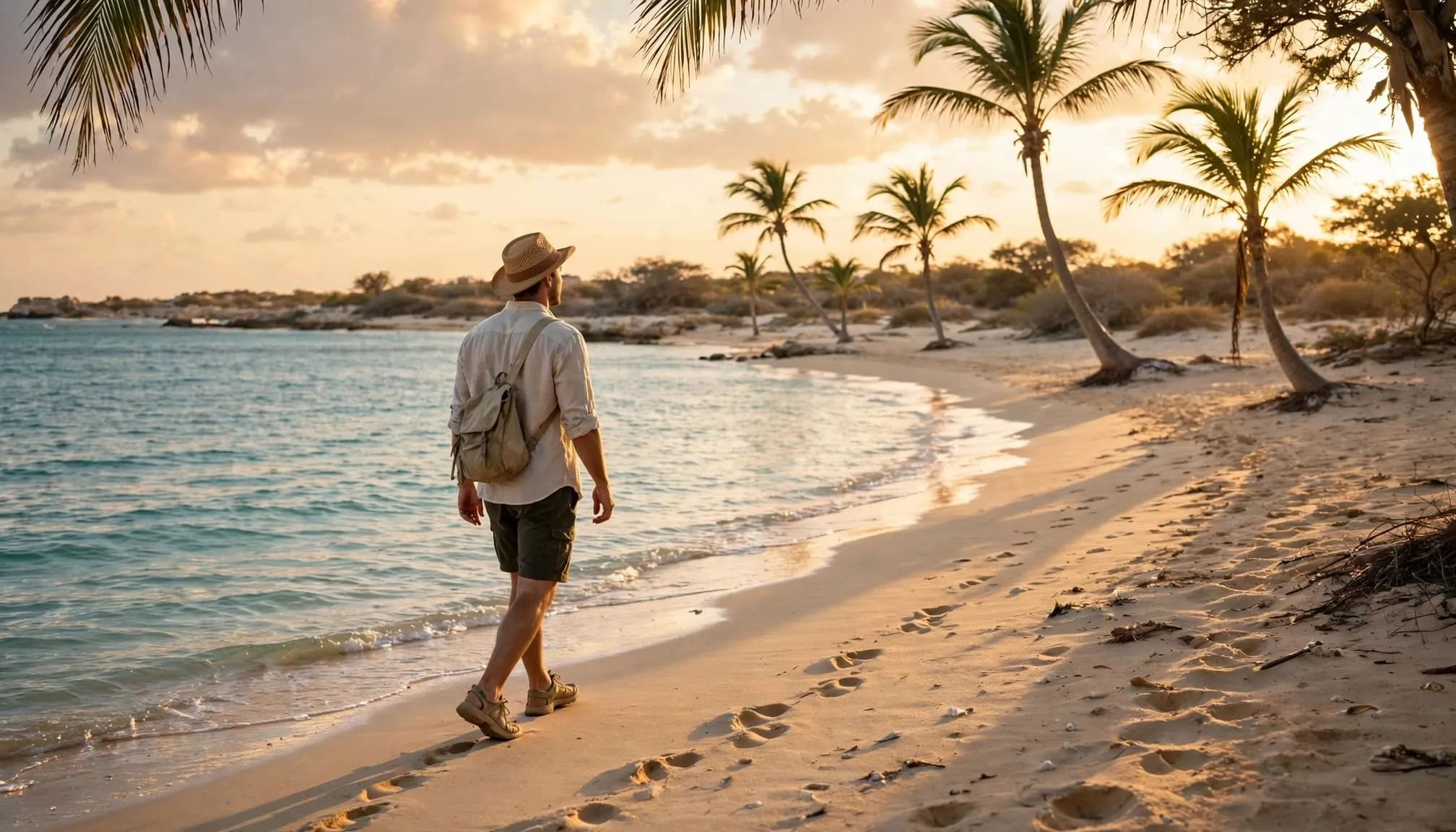 A traveler walks along a quiet Aruba beach at sunset.