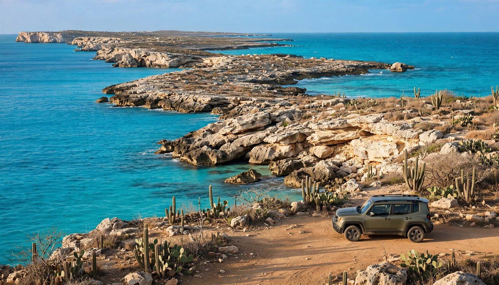 A rental jeep beside Aruba's rocky coast with turquoise water and dry cacti.