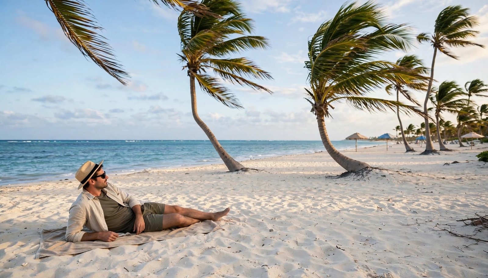 A traveler enjoys Eagle Beach with turquoise water, palms, and distant umbrellas.