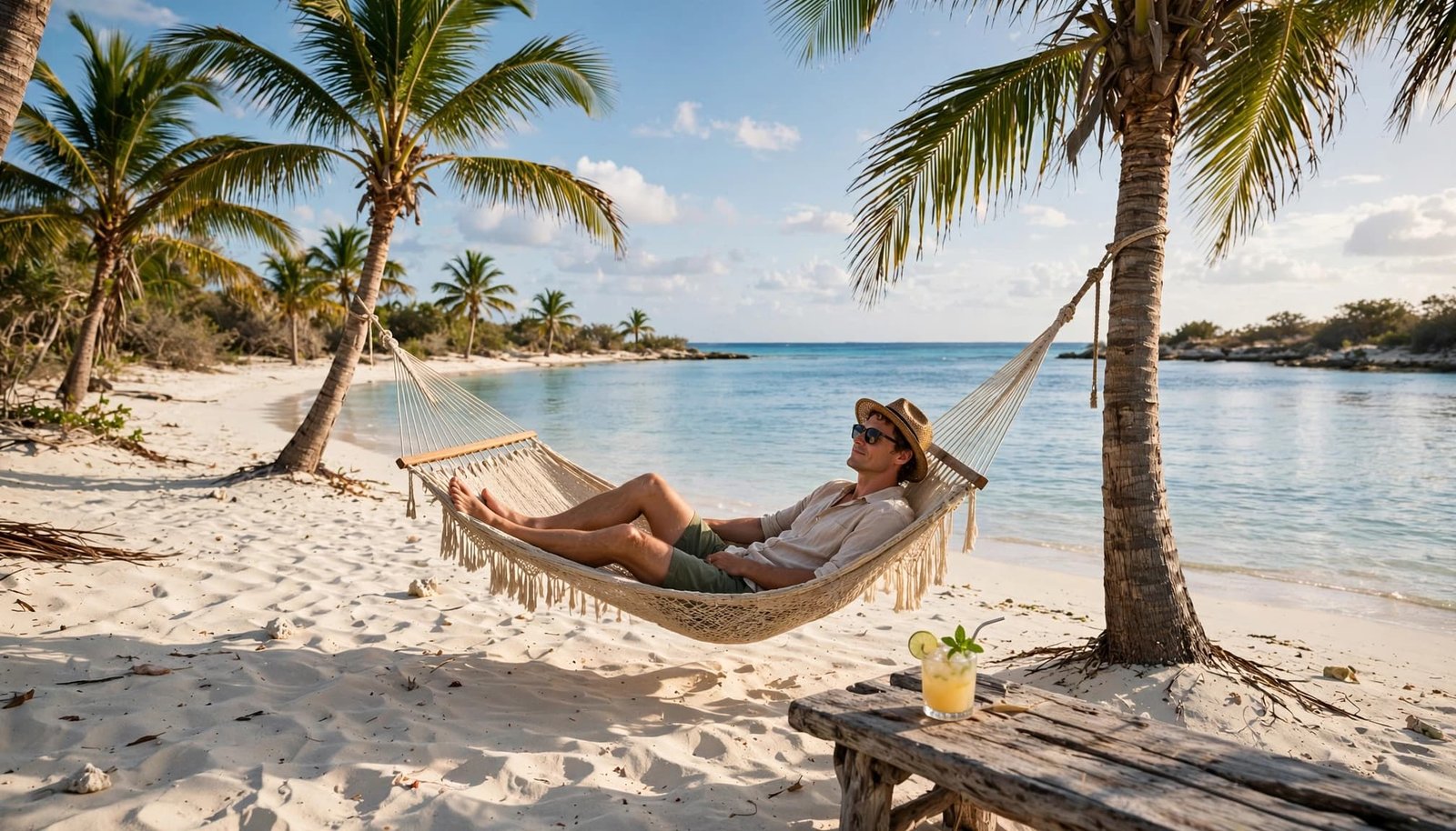 A traveler relaxes in a hammock between palm trees on a sunny Aruba beach.