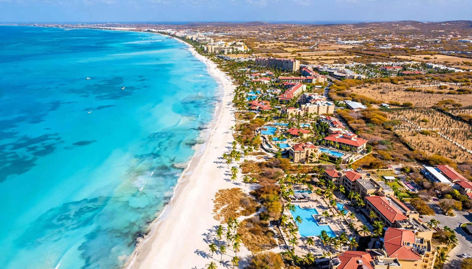 Aerial view of Aruba resorts, palm trees, white sand, and turquoise water.