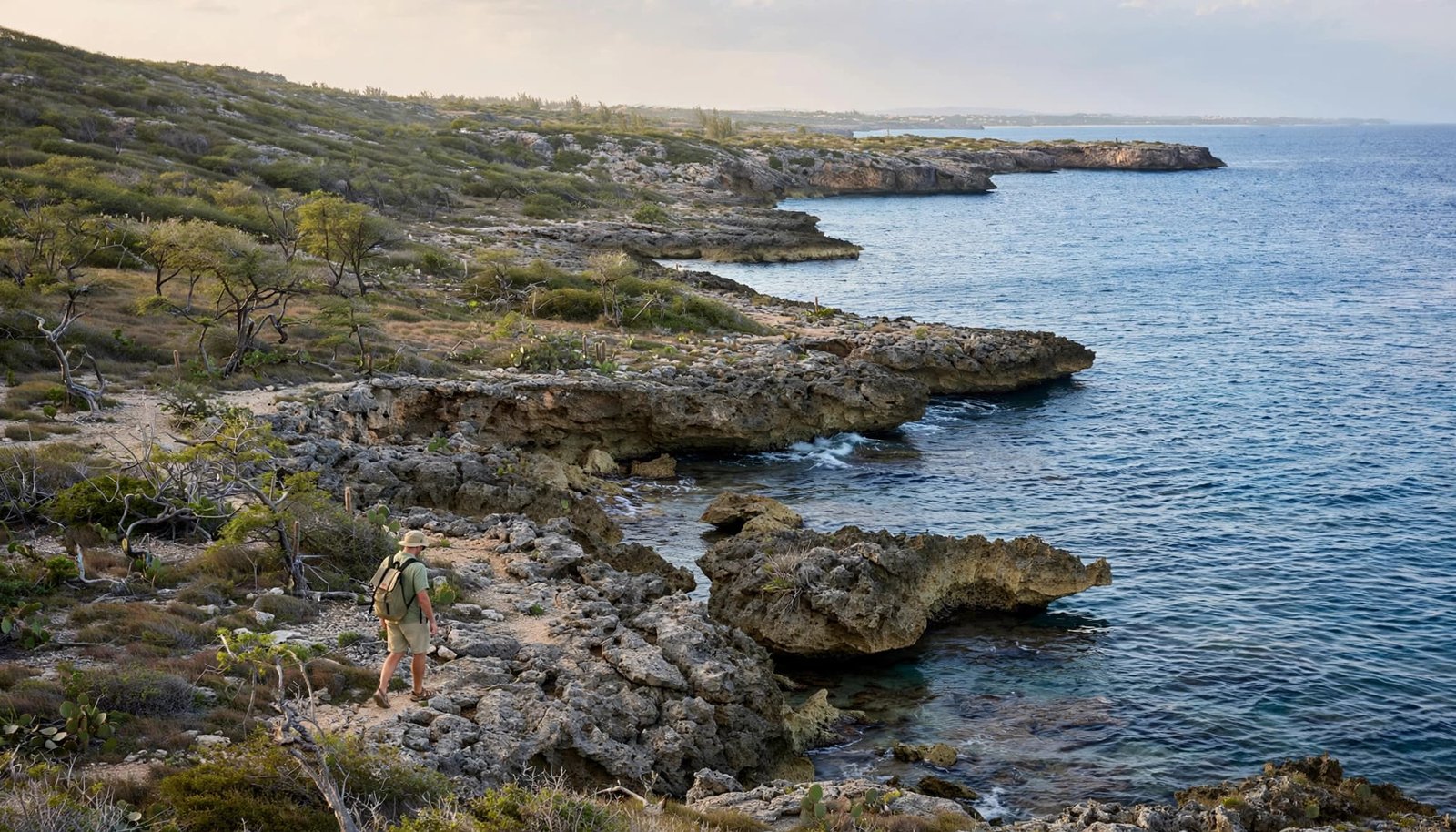 A traveler walks beside rocky shore and blue Caribbean water in southern Aruba.