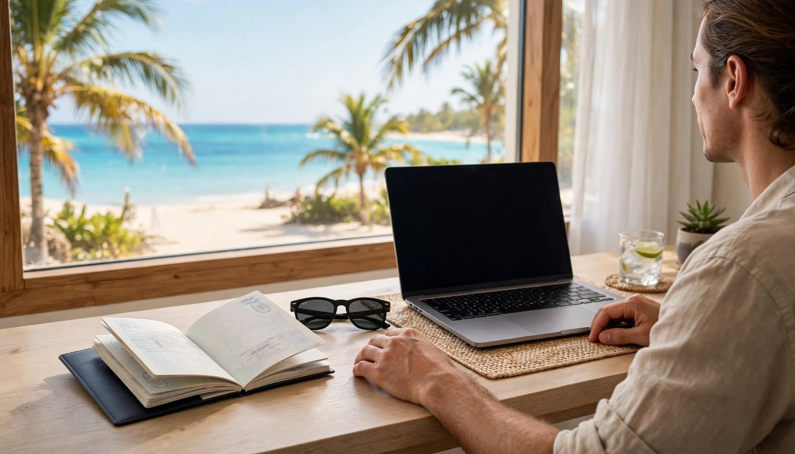 Traveler planning an Aruba trip with a passport and laptop beside a beach view.