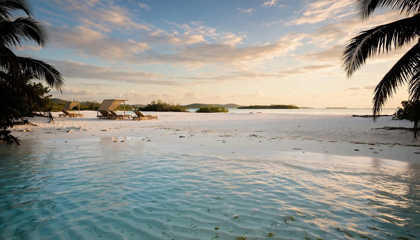 Turquoise water and empty loungers on a white-sand beach framed by palms at golden hour.