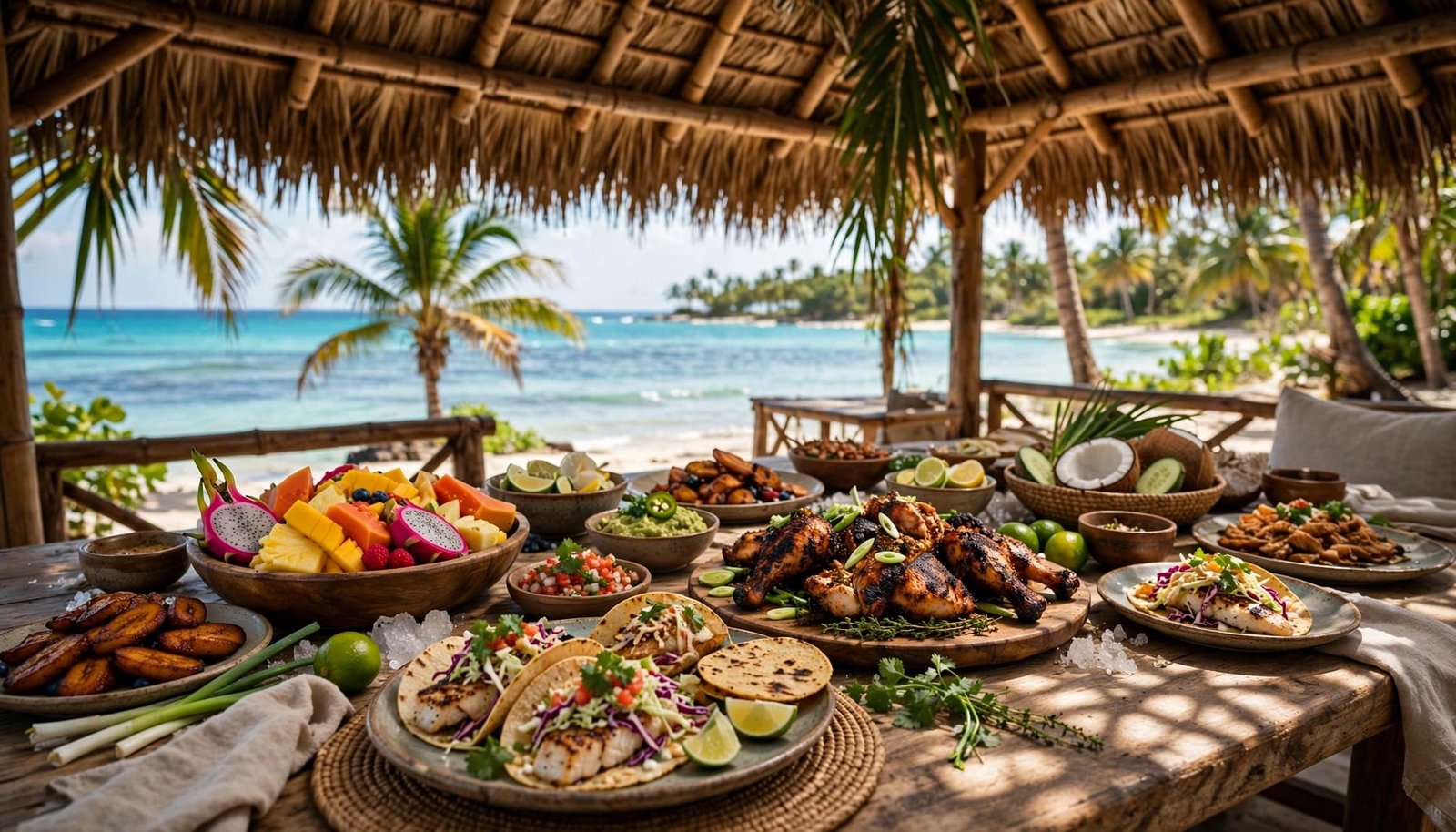 Tables of island food sit beneath a thatched roof near the ocean.