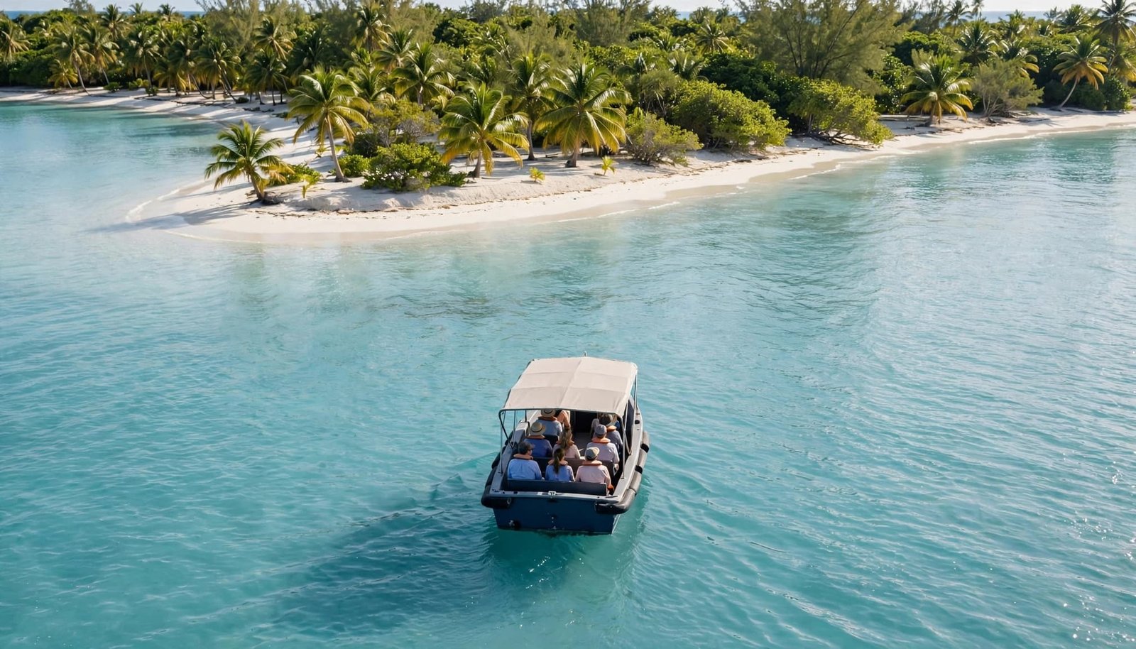 A small tender approaches a palm-lined beach across calm turquoise water.