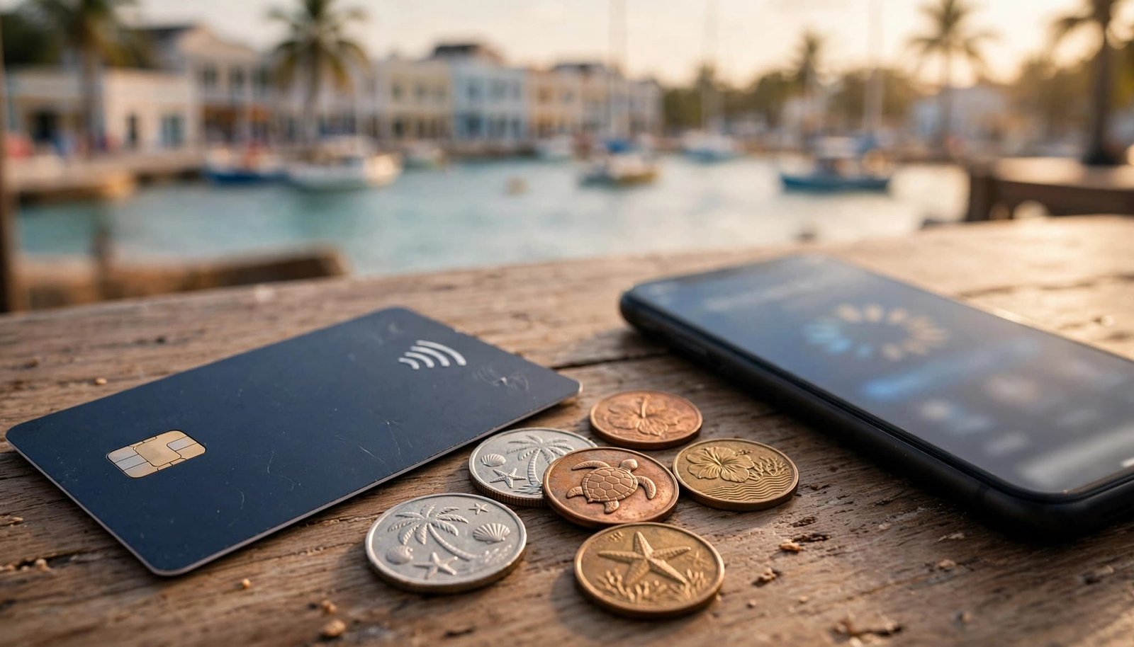 A bank card, Caribbean coins, and smartphone sit on a cafe table by the beach.