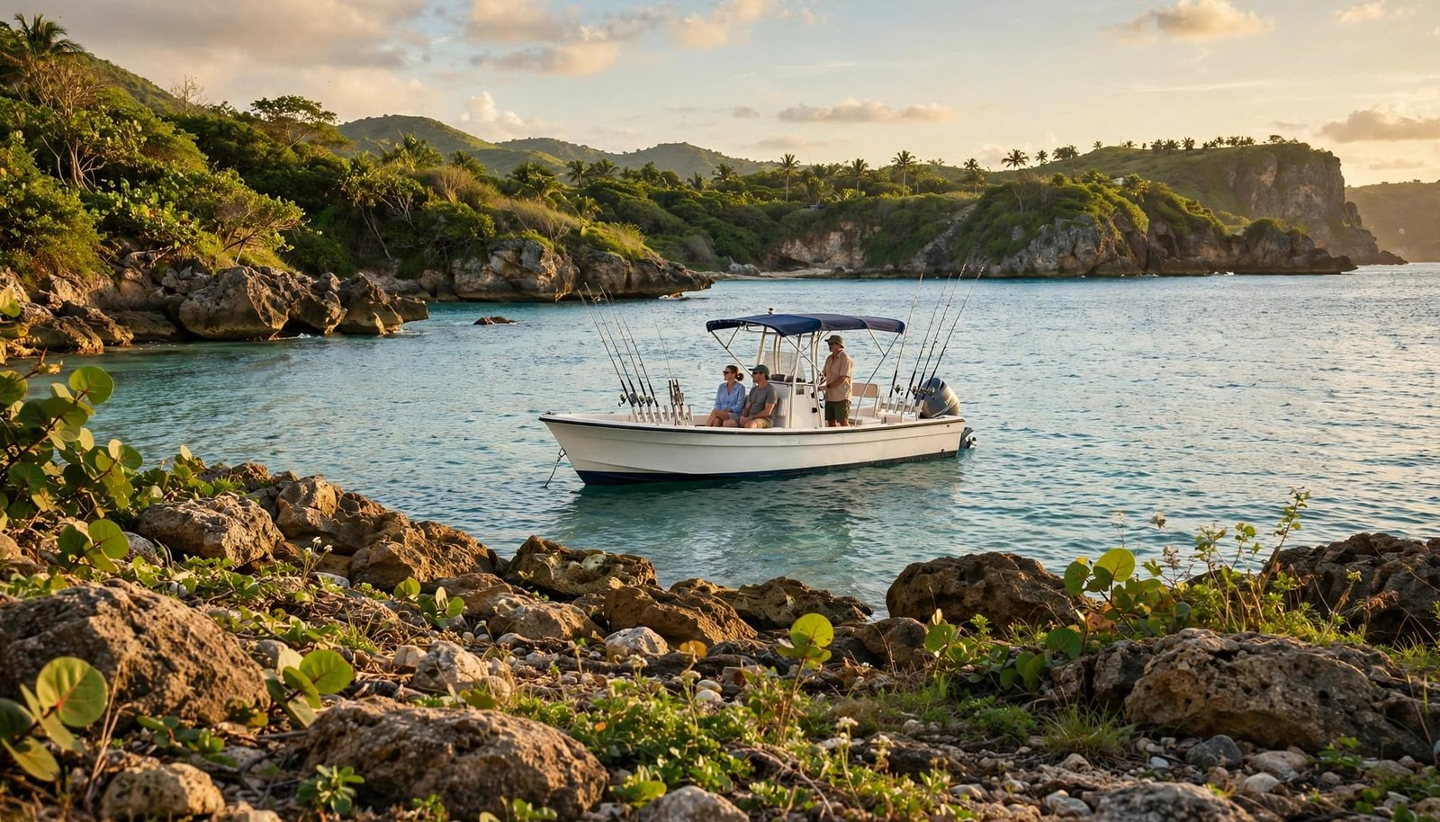 A captain and two guests aboard a small boat near Barbados's rocky coast.