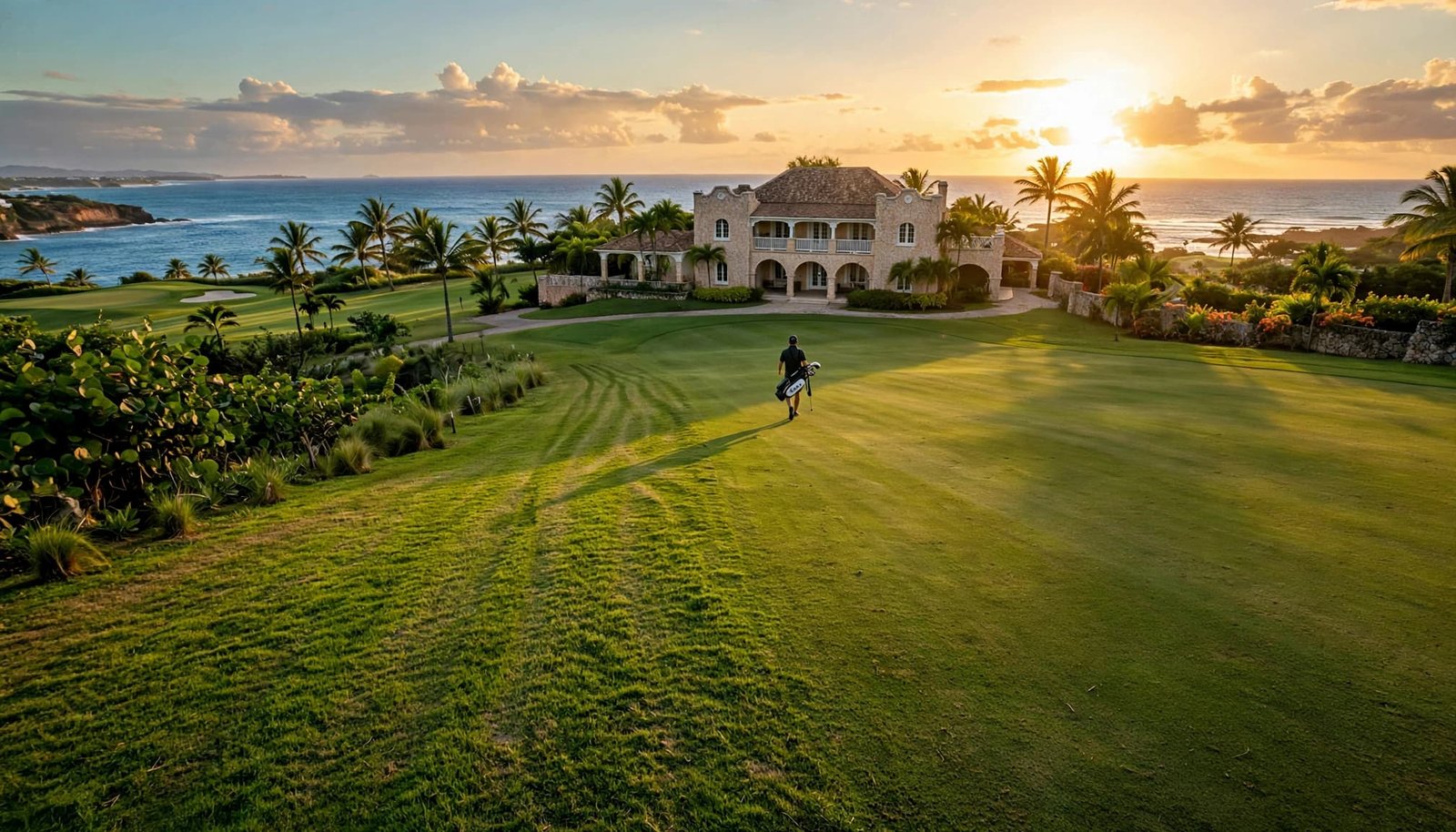 Barbados coastal golf fairway at sunset with a golfer walking toward coral-stone resort buildings and blue Caribbean water.
