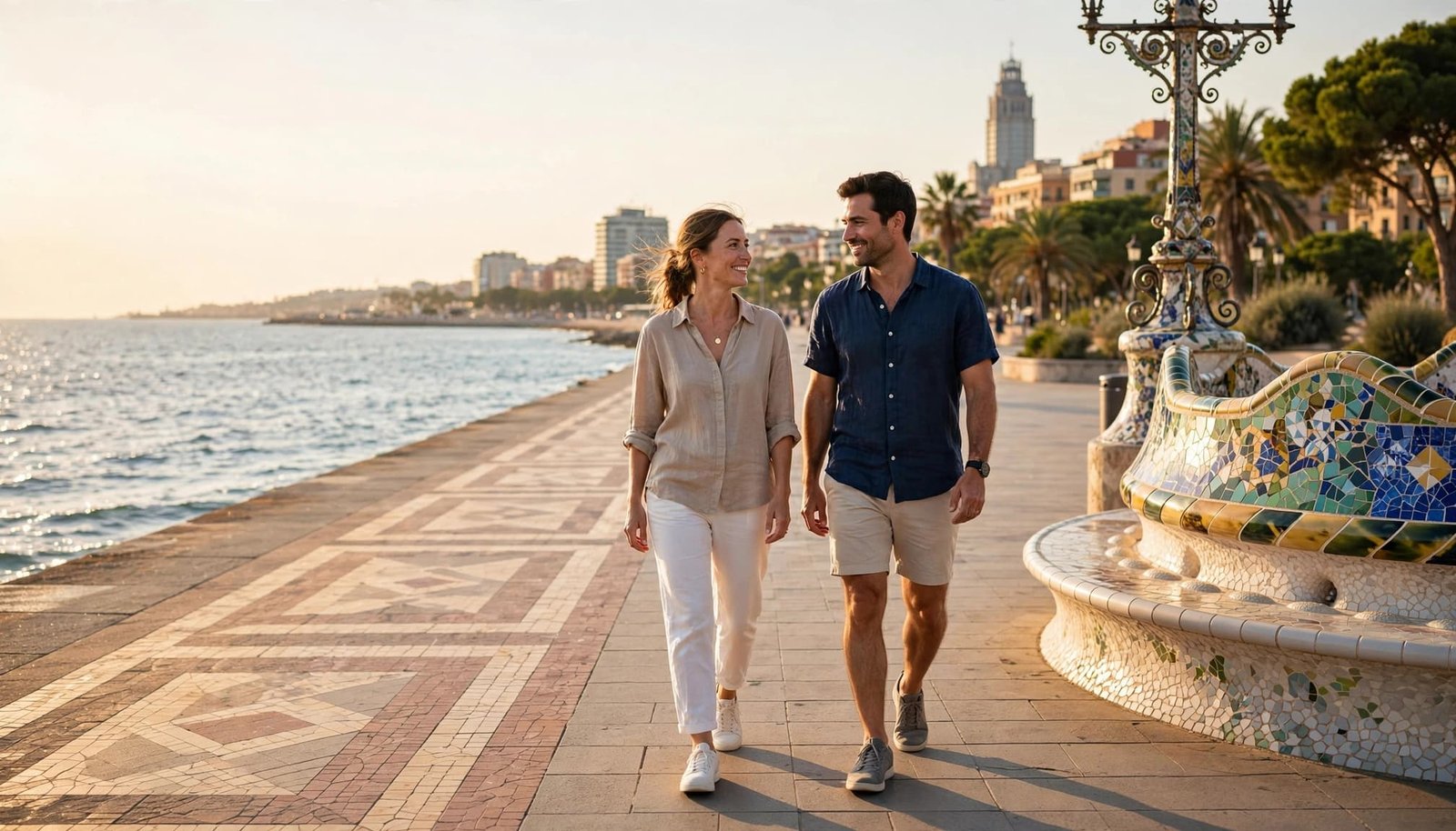 A couple walks along Barcelona's waterfront with the sea and skyline behind them.