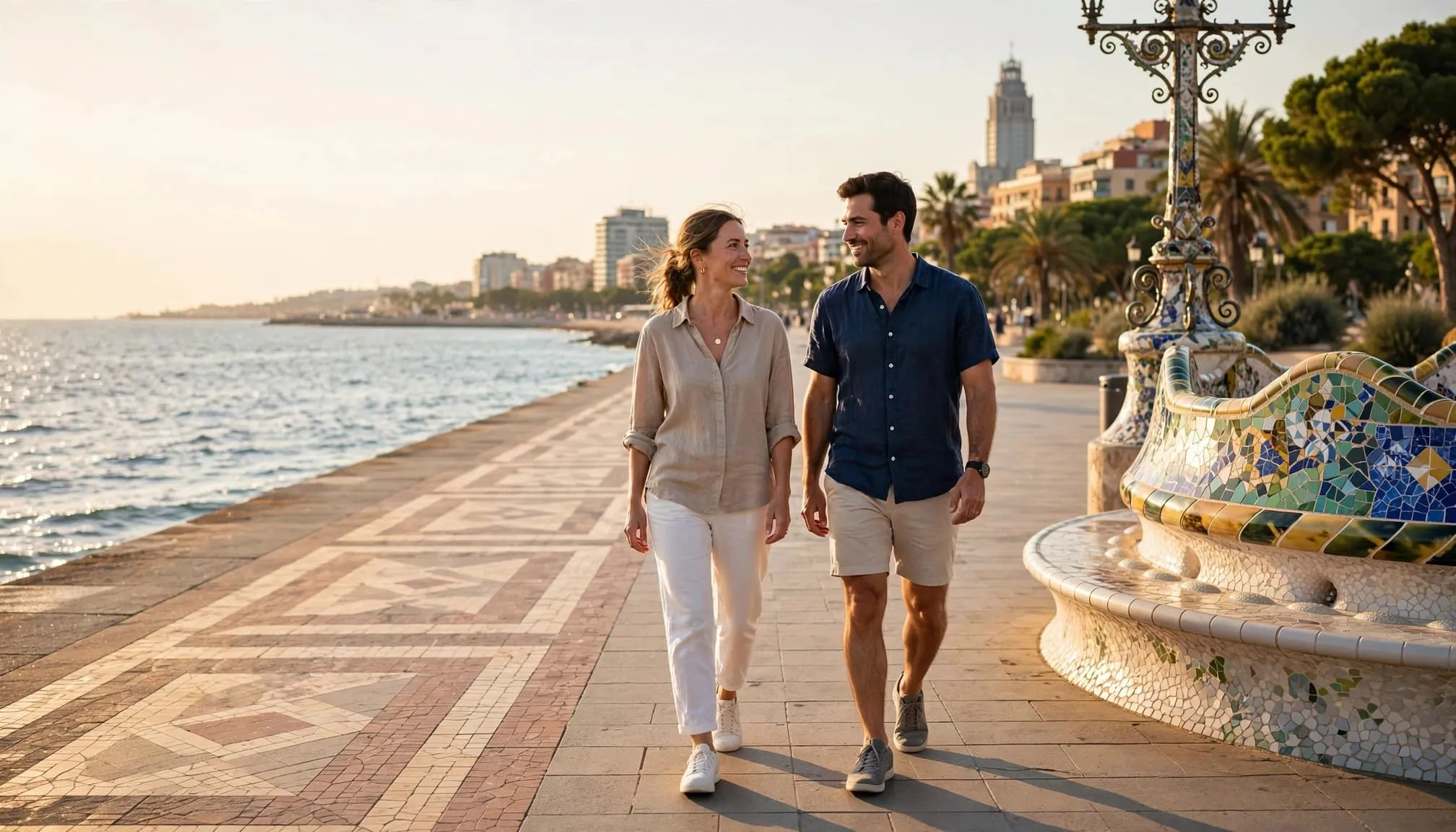 A couple walks along Barcelona's waterfront with the sea and skyline behind them.