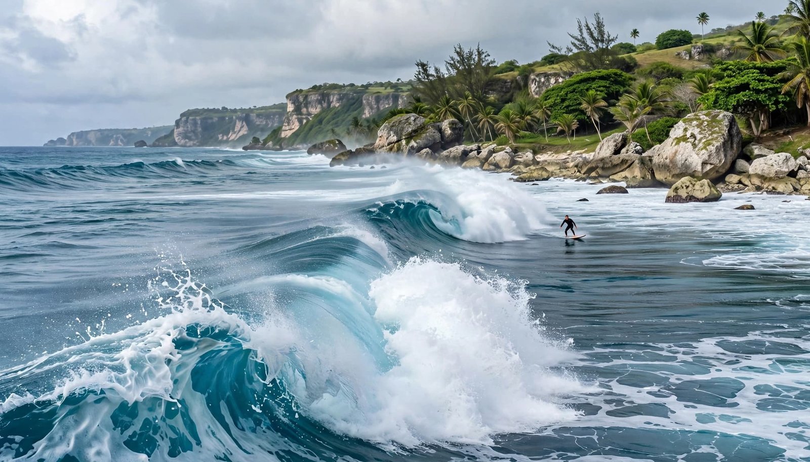 One surfer rides a large wave beside Barbados's rocky coast.