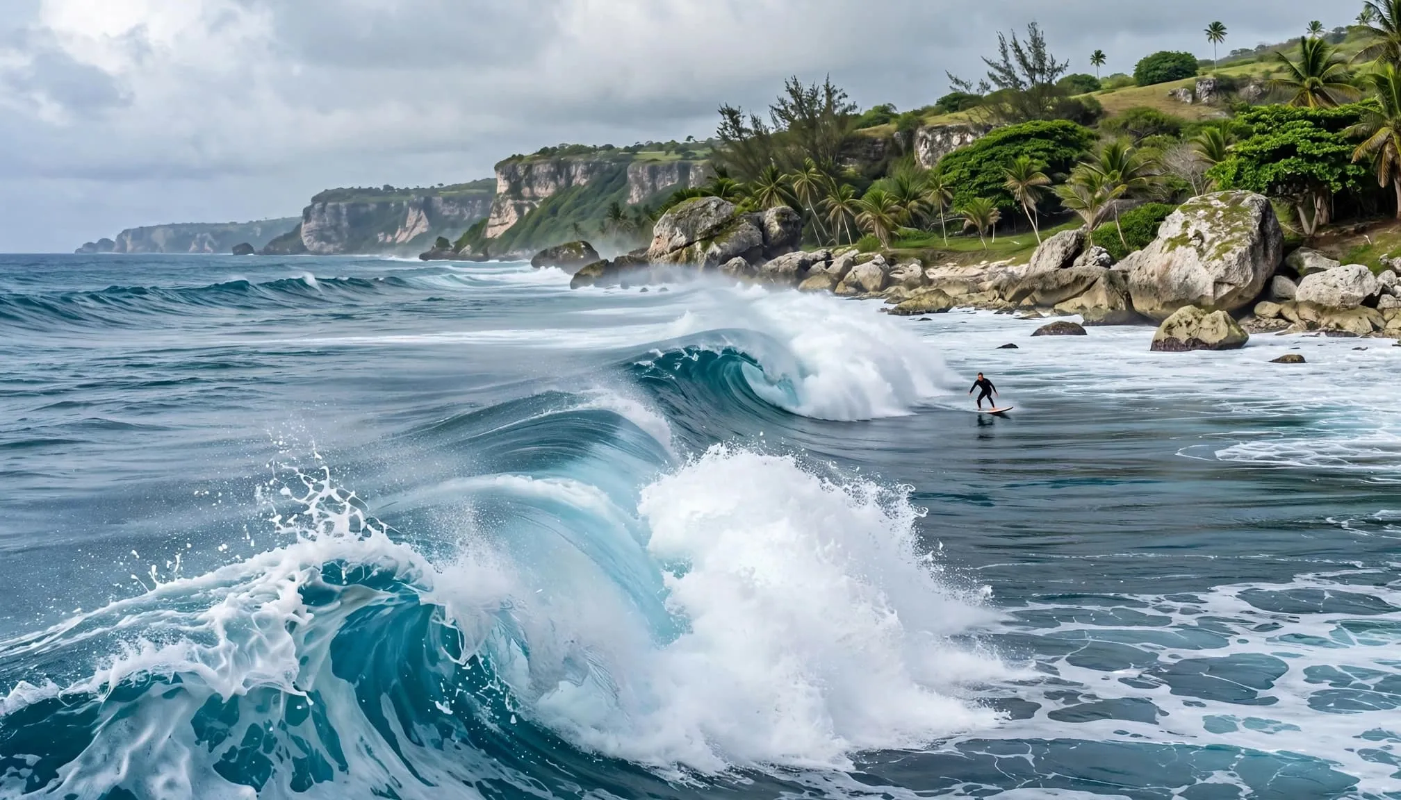 One surfer rides a large wave beside Barbados's rocky coast.
