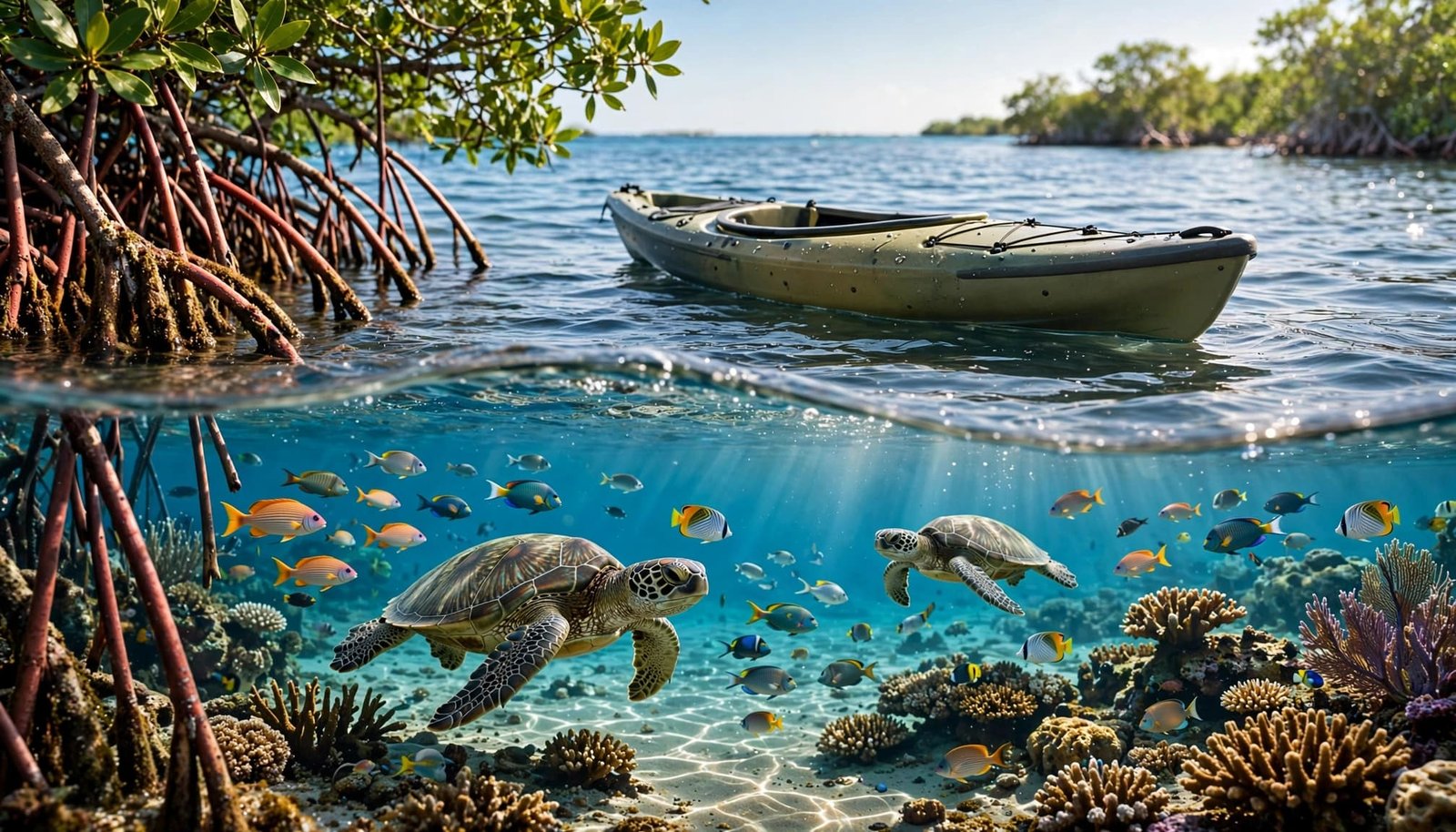 An empty kayak floats above sea turtles and reef fish near a Belize coral reef.