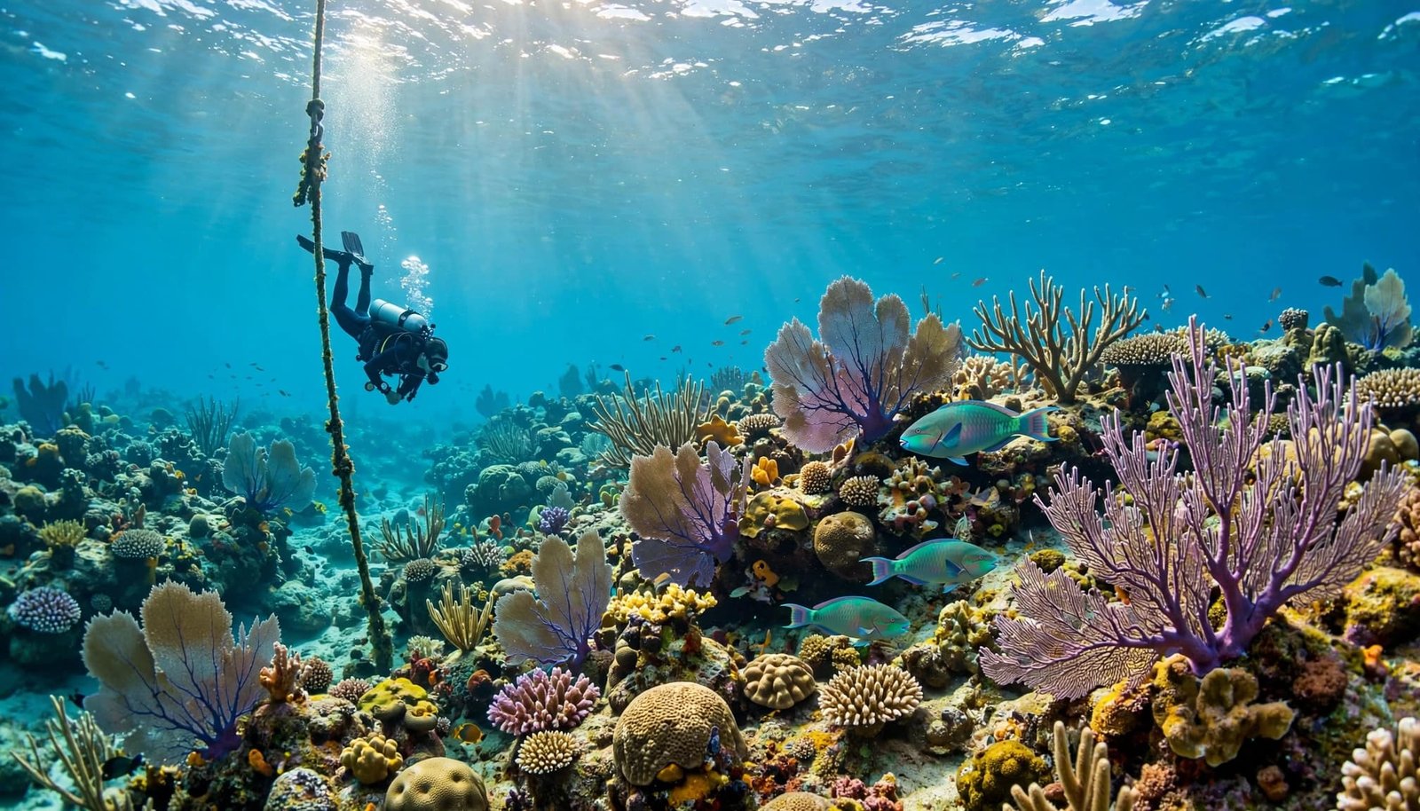 A diver descends beside a colorful coral reef in clear Caribbean water.