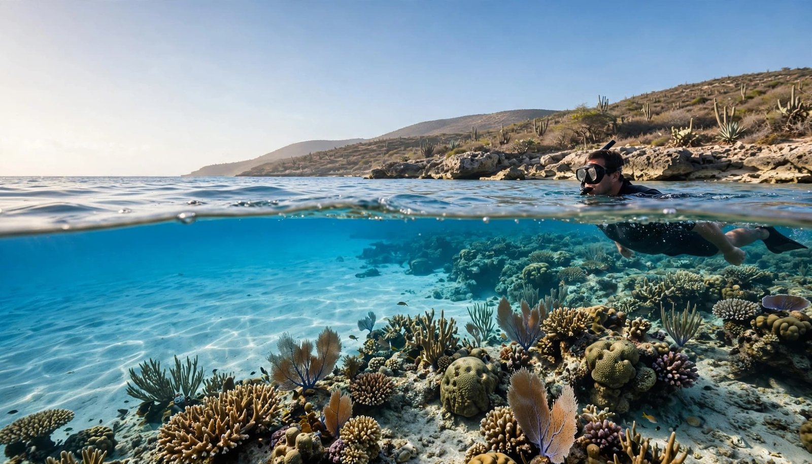A snorkeler swims above a colorful coral reef near Bonaire's rocky shore.