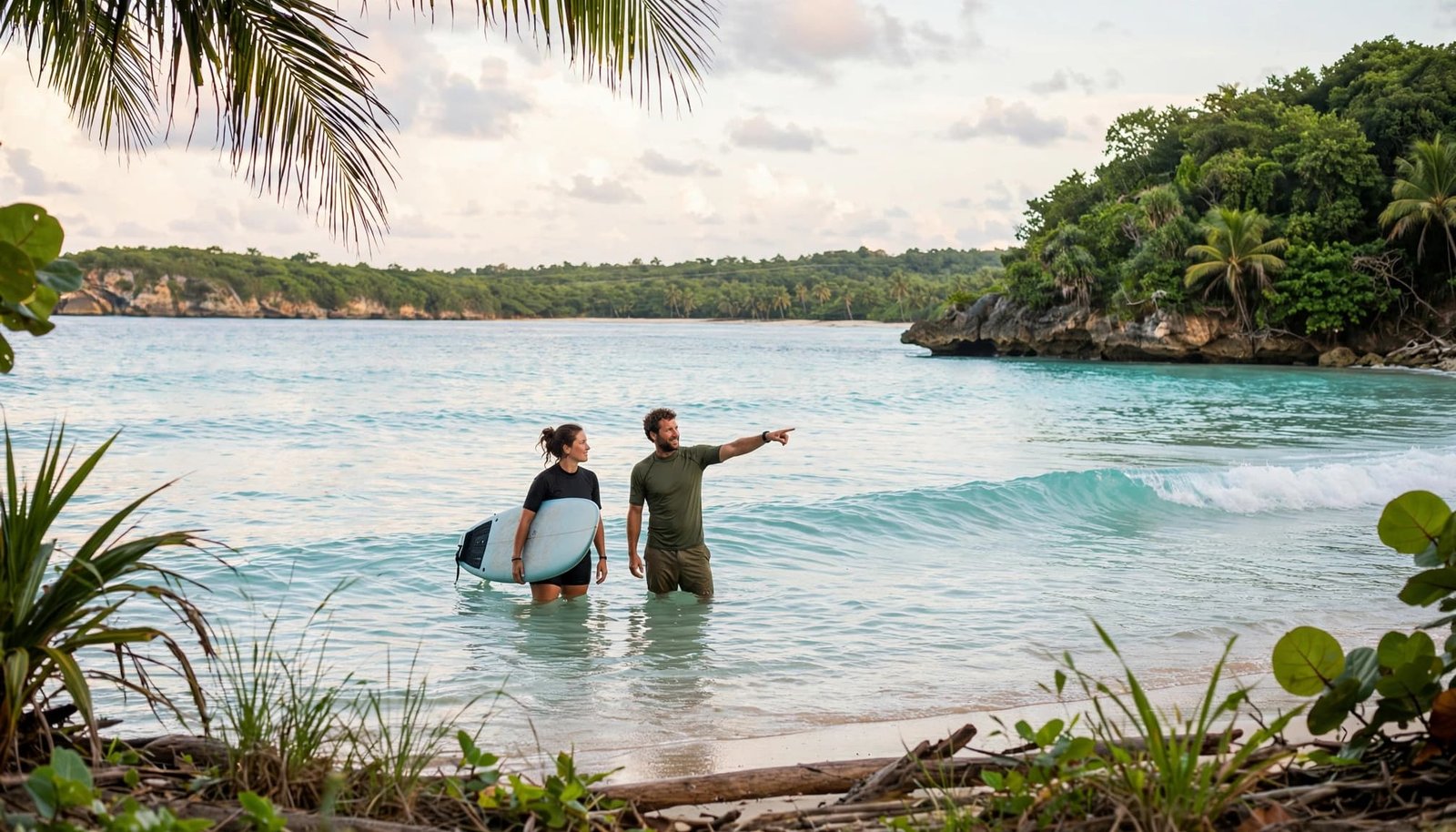 An instructor guides a beginner surfer toward a small wave in a tropical cove.
