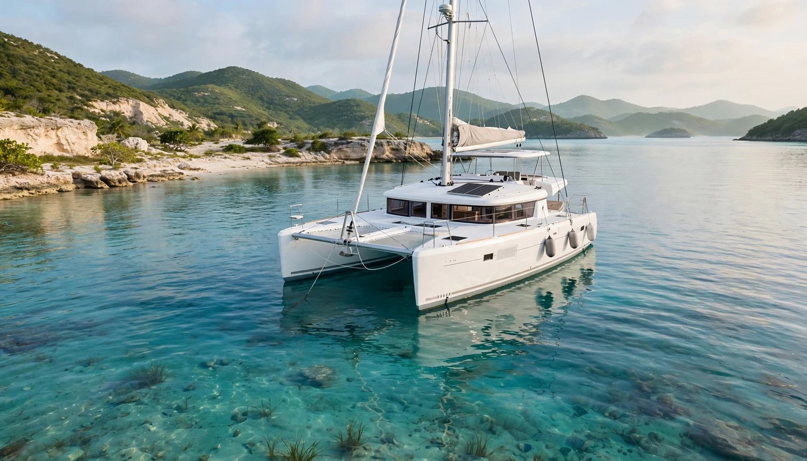 A white catamaran anchored in a calm bay beneath green island hills.