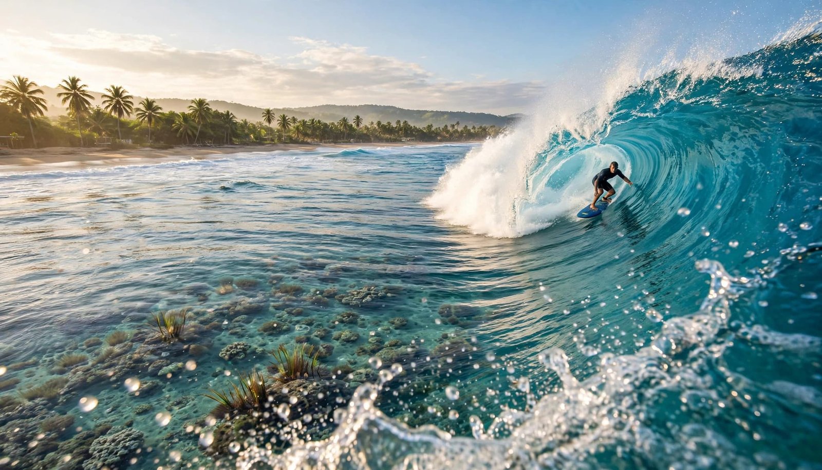 One surfer rides a turquoise wave near a palm-lined shore.