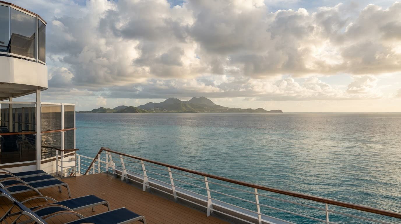 Turquoise Caribbean water viewed from a cruise deck with islands and tropical clouds.