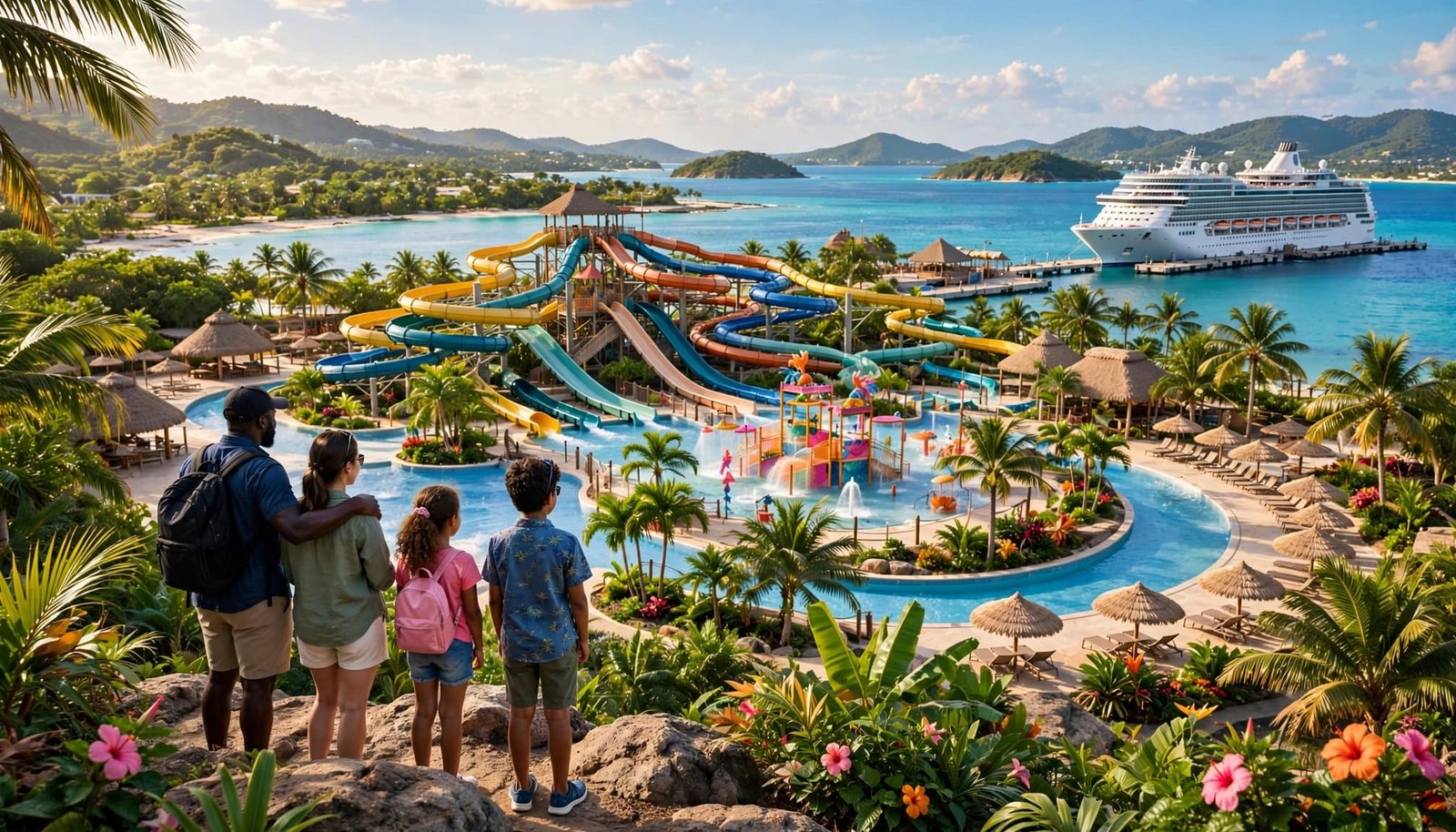 Four family members enjoy a tropical waterpark with slides, a lazy river, and a splash zone.