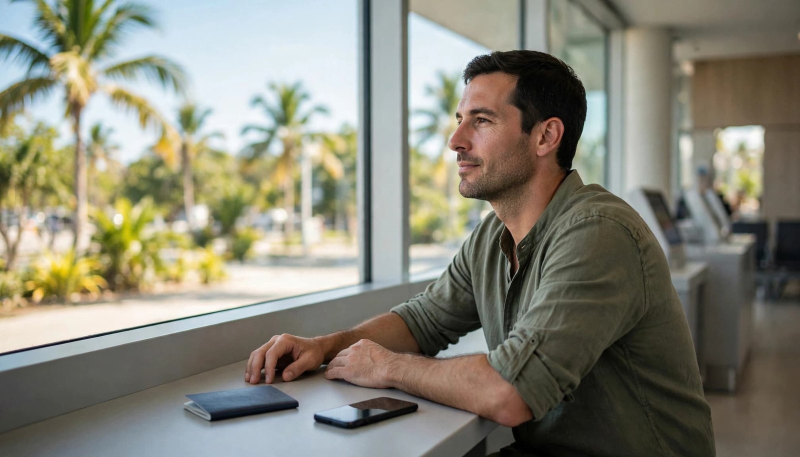 A traveler sits at an airport kiosk with a passport and phone on the counter.