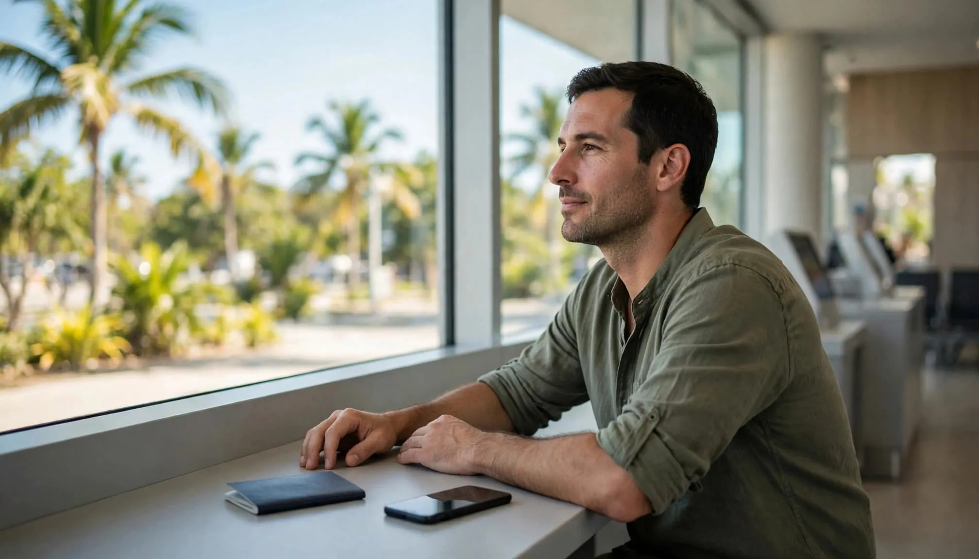 A traveler sits at an airport kiosk with a passport and phone on the counter.
