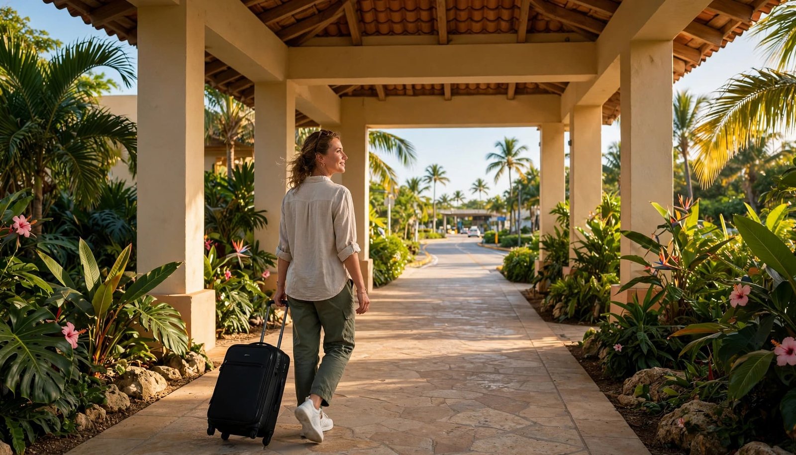 Solo traveler with carry-on walking toward palm trees outside a Caribbean airport.