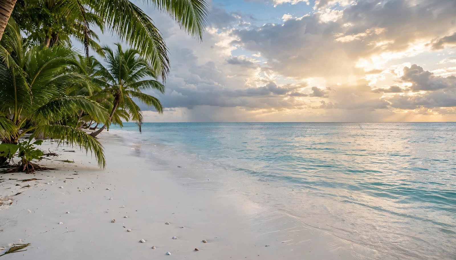 Empty Caribbean beach with turquoise water, green palms, and sunlight breaking through clouds.