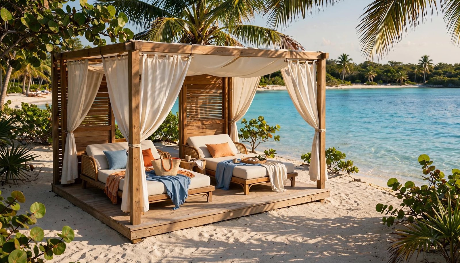 A wooden beach cabana shelters two cream loungers beside turquoise water.